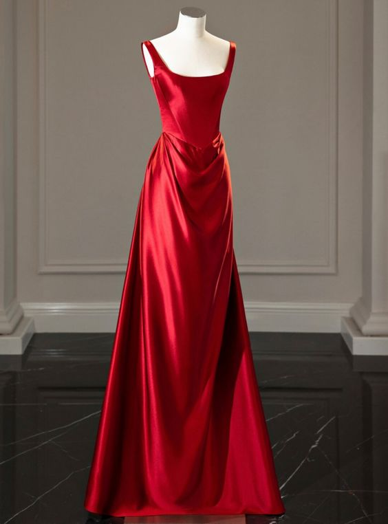 Elegant Red Satin Straps Pleats Prom Dress Long A-Line Party Evening Dress - FashionDia
