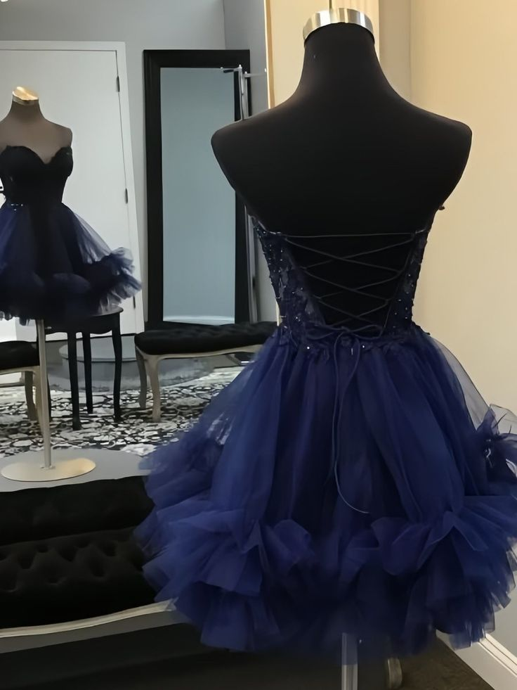Navy Blue - A-Line Sweetheart Ruffle Tulle Homecoming Dress J7739