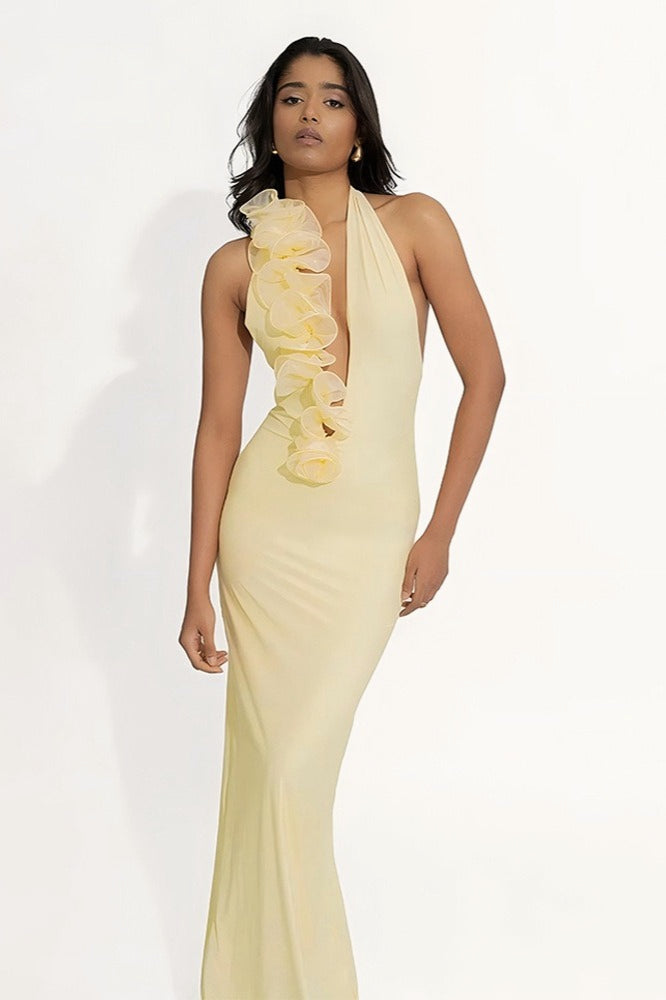 Halter Deep V Backless Bodycon Maxi Prom Dress