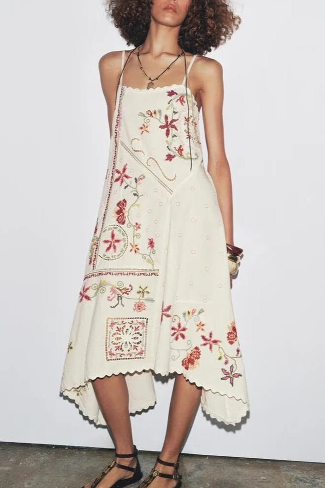 Floral Embroidered Asymmetric Dress with Relaxed Fit and Smart Casual Fashion