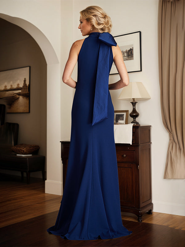 Royal Blue Sheath/Column Halter Neck Floor-Length Mother of the Bride Dress With Bow - View 2 | FashionDia