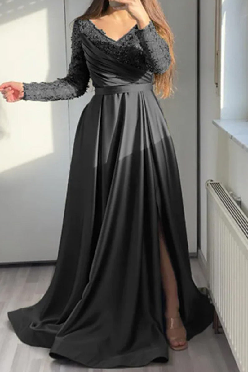 Elegant Formal Solid Lace Flounce Slit V Neck Evening Dresses - View 2 | VelvetHem