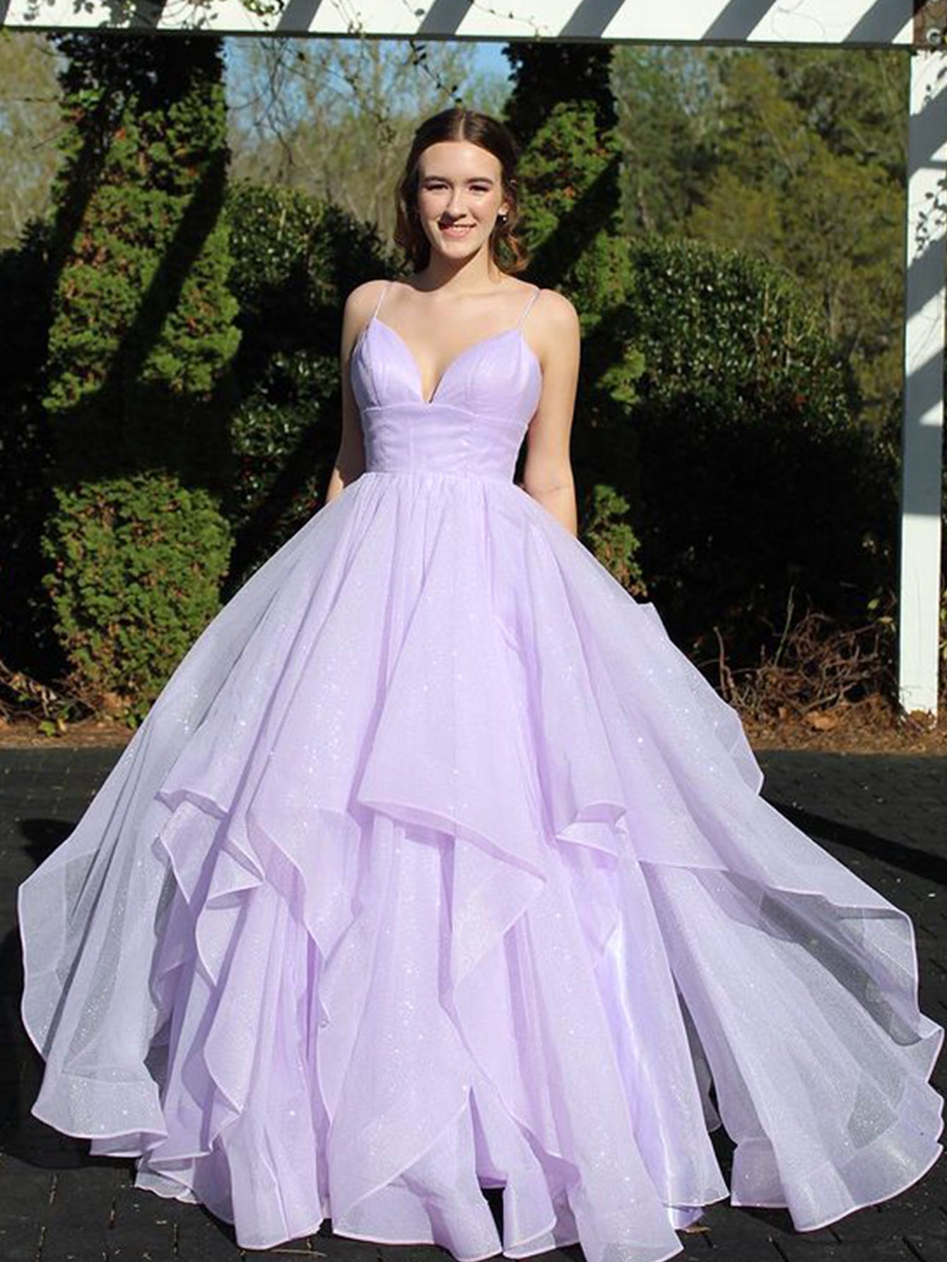 A Line Ruffles Tulle Spaghetti Straps Long Prom Dress - Fashionpara