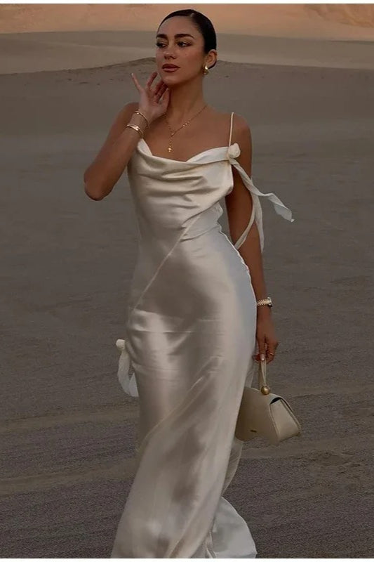 Elegant White Satin Backless Maxi Dress - FashionDia