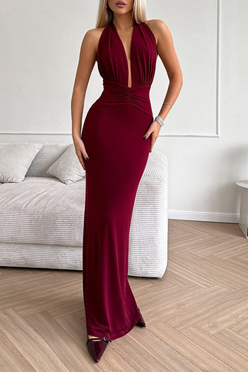 Sexy Solid Color Backless Ruched Halter Evening Dresses - VelvetHem