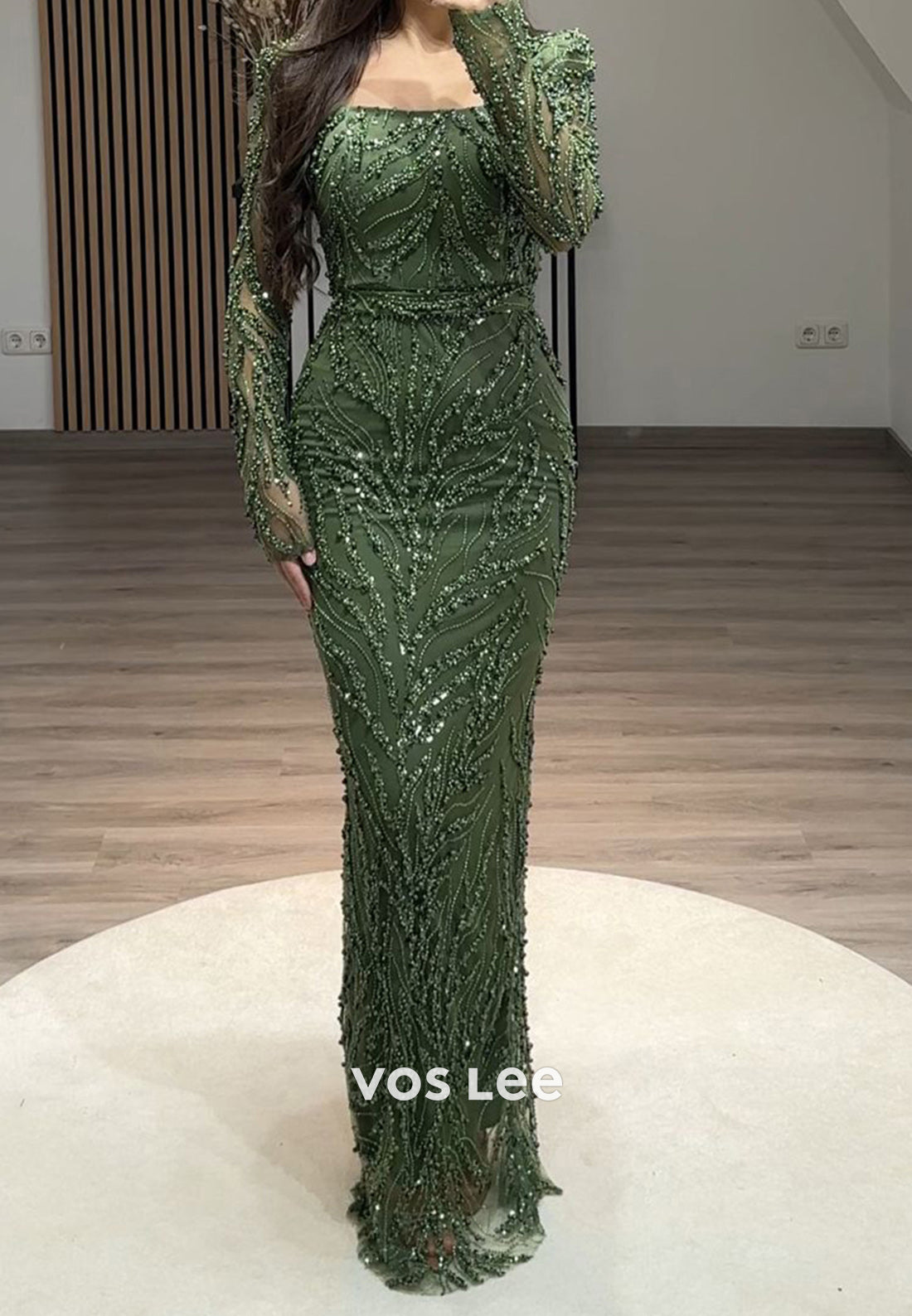 Column Floor-Length Square Long Sleeve Beading Glitter Split Formal Evening Dresses