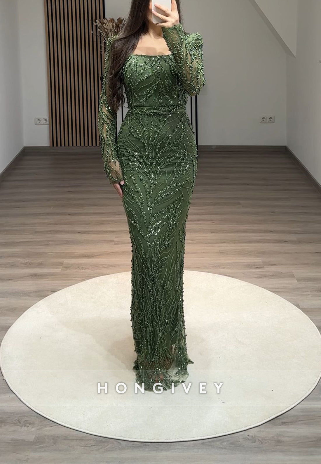 Column Floor-Length Square Long Sleeve Beading Glitter Split Formal Evening Dresses
