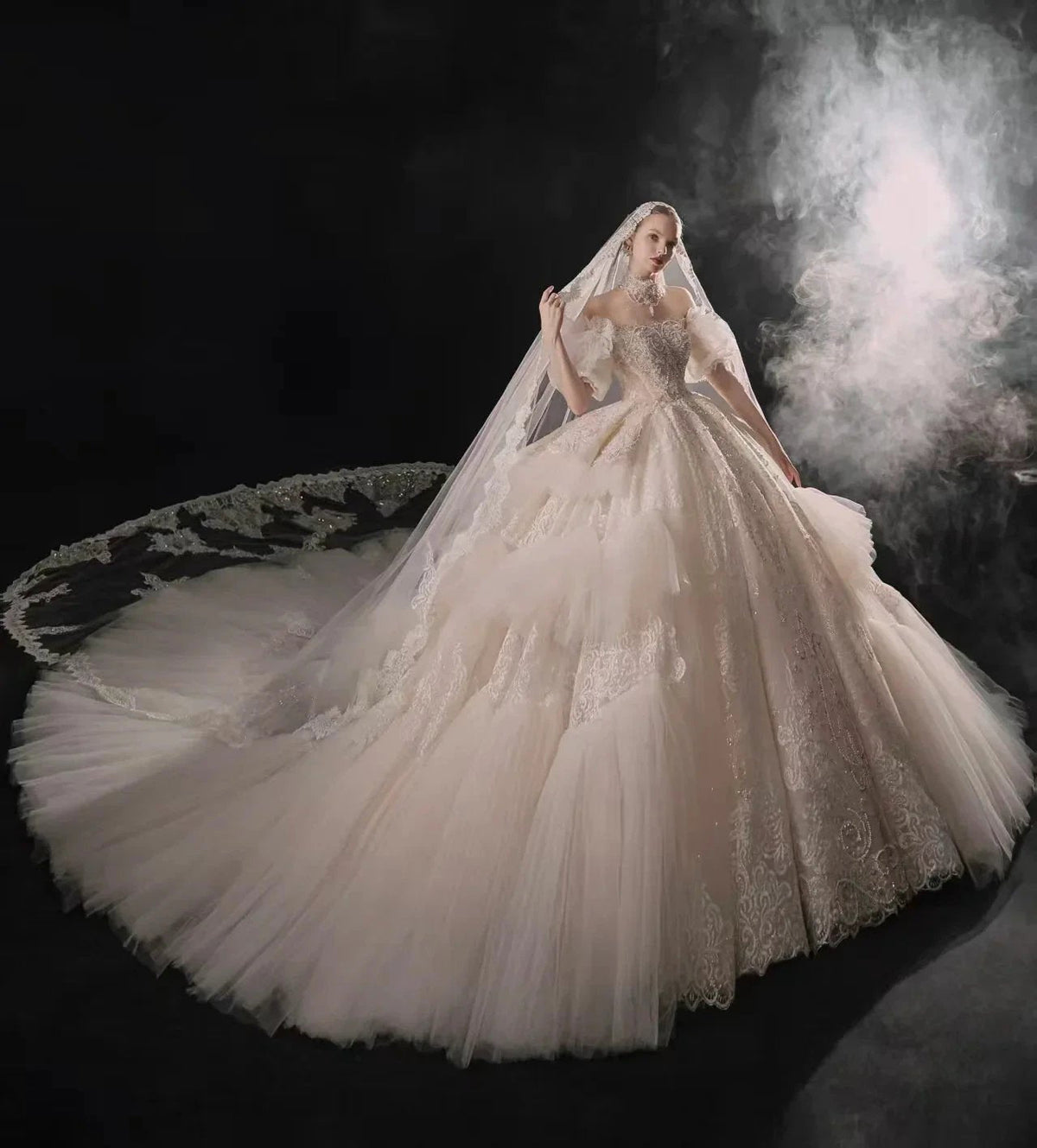 Opulent Off-the-Shoulder Ball Gown Tulle Puff Sleeve Beaded Lace Wedding Dress with Layered Ruffled Train & Choker (ZD16899)