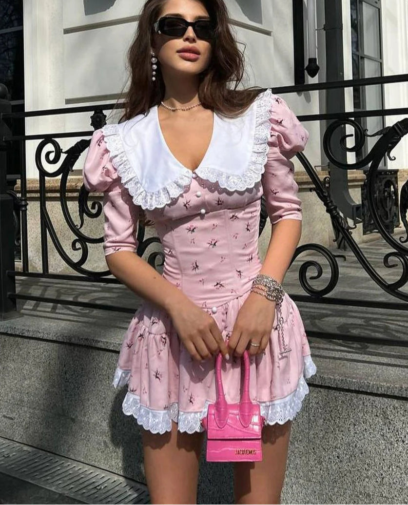 Lace Patchwork Doll Collar Mini Dress - View 2 | VelvetHem