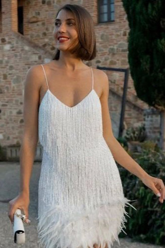 Fringe Feather Sequin Panel Party Mini Sequin Dress - View 3 | VelvetHem