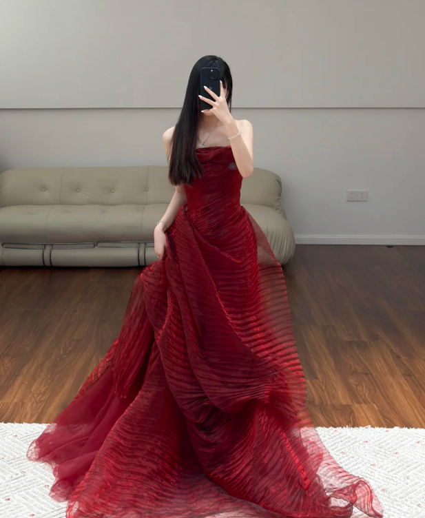 Burgundy Prom Party Dress Sleeveless Evening Dress Birthday Outfit