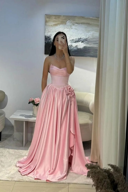 Baby Pink Sweetheart Satin Long Prom Dresses A-Line Party Dress