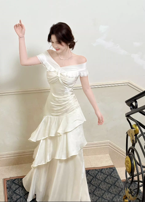 Off The Shoulder Ivory Long Prom Dress Layered Evening Dress J8606
