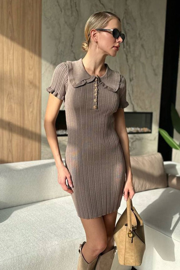 Fitted Peter Pan Collar Short-Sleeve Cable-Knit Sweater Dress