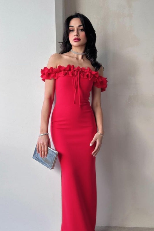 Ruffle Trim Bardot Party Dress - VelvetHem