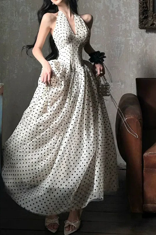 V-Neck Polka Dot Maxi Dress - FashionDia