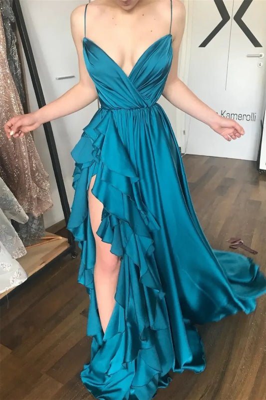 V-Neck Spaghetti Straps A-Line Ruffled Party Prom Dress