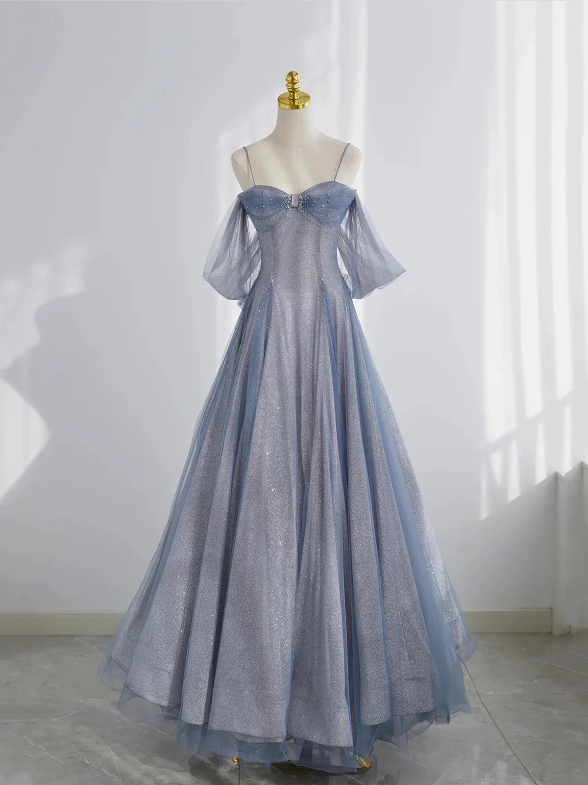 Glitter Blue Tulle A-Line Evening Dress, Blue Off-the-Shoulder Prom Dress with Puff Sleeves - FashionDia