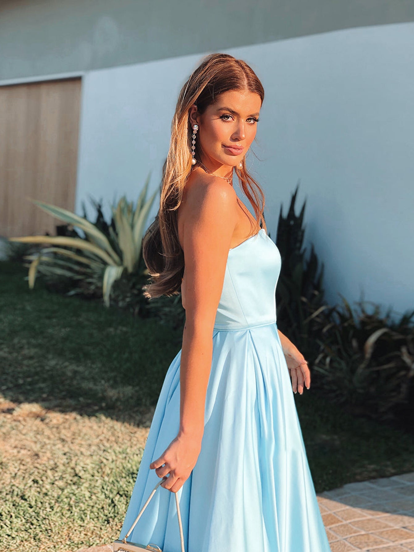 Sky Blue Strapless Tight Long Prom Dress - Fashionpara