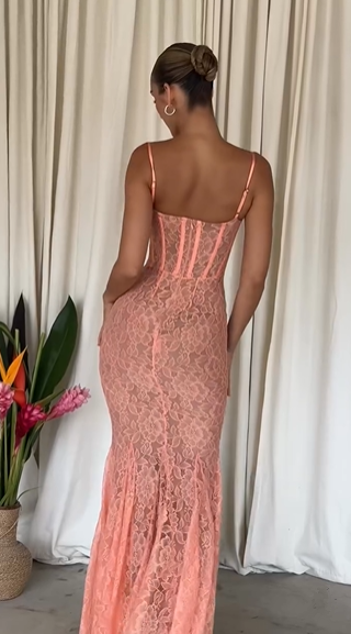 Pretty Spaghetti Straps Lace Mermaid Evening Dress Long Party Prom Dress - View 4 | FashionDia