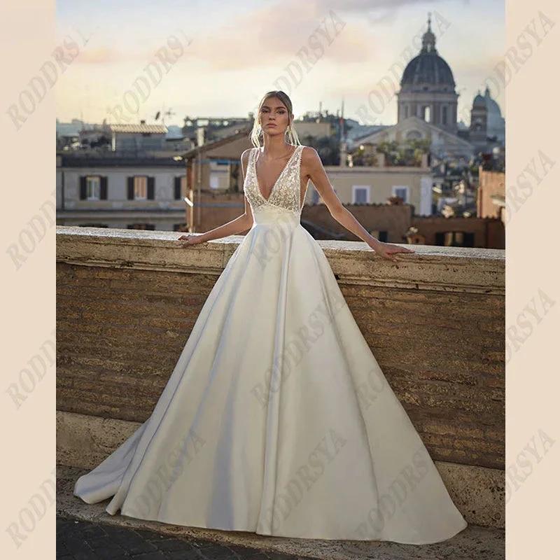 Soft Satin V-Neck Wedding Dresses For Women A-Line Backless Bridal Gowns Sleeveless Insertable Pocket Robe De Mariée (ZD13376)