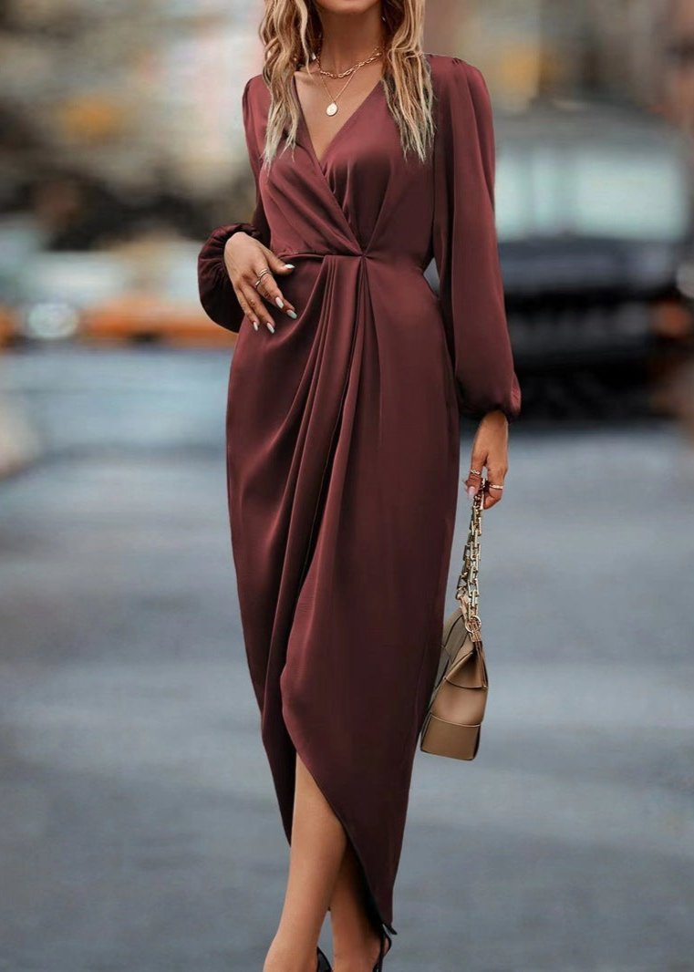 Elegant Red Draped V Neck Midi Dress