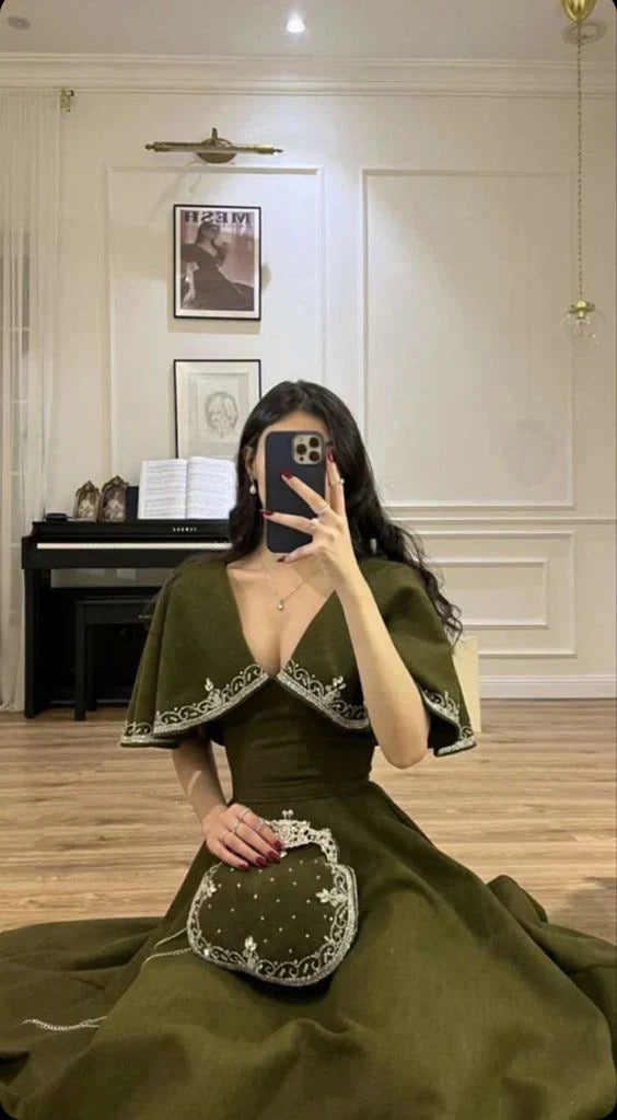 Retro Style V-Neck Long Prom Dress,Winter Dance Dress - View 5 | FashionDia