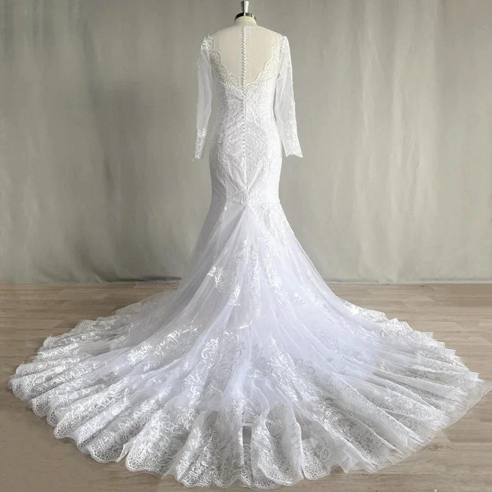 Gorgeous Lace Long Sleeve Mermaid Wedding Dresses Tulle Bridal Gown For Women Cathedral Train V-Neck Appliques Button Back (ZD14087) - View 5 | VelvetHem