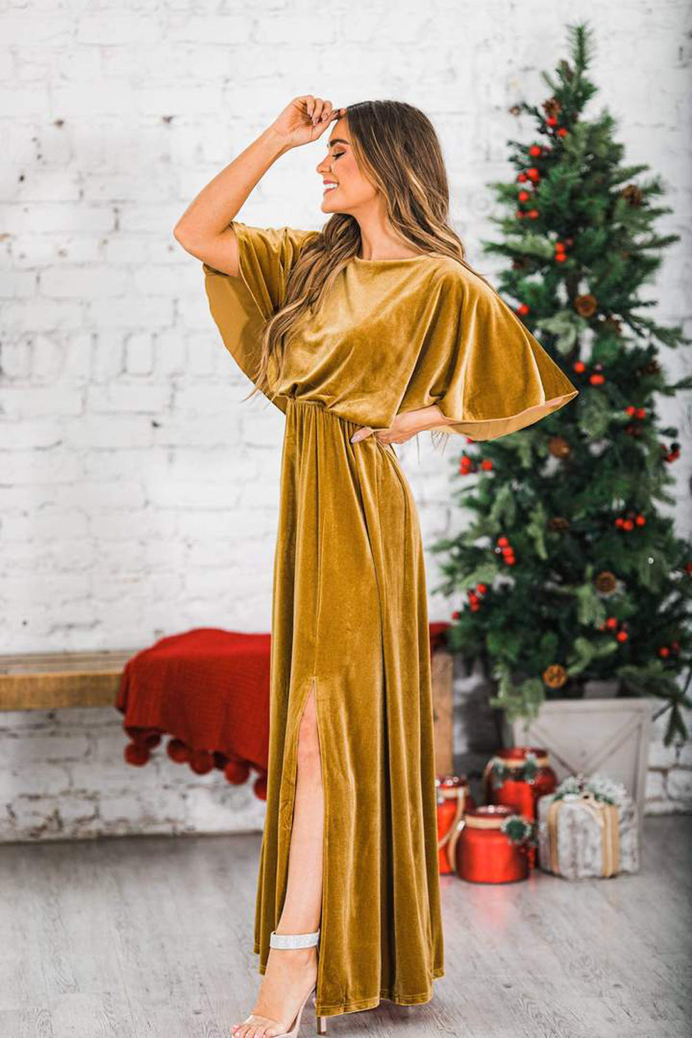 Women Clothing Spring Summer Sexy Elegant Dress Gold Velvet round Neck High Slit Evening Dress for Women - VelvetHem