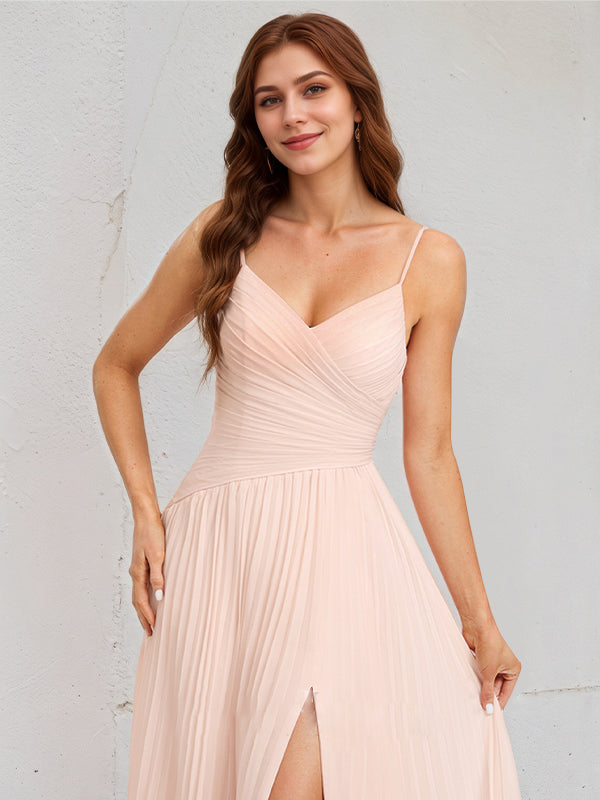 A-Line V-Neck Floor-Length Chiffon Bridesmaid Dress With Pleated - View 4 | FashionDia