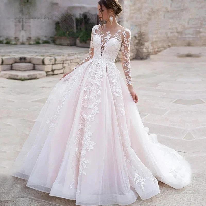 Luxury Pink Long Sleeves Wedding Dress Ball Gown Lace Appliques O-Neck Button Royal Train Bride Gowns Vestido De Novia Princess (ZD13368) - VelvetHem