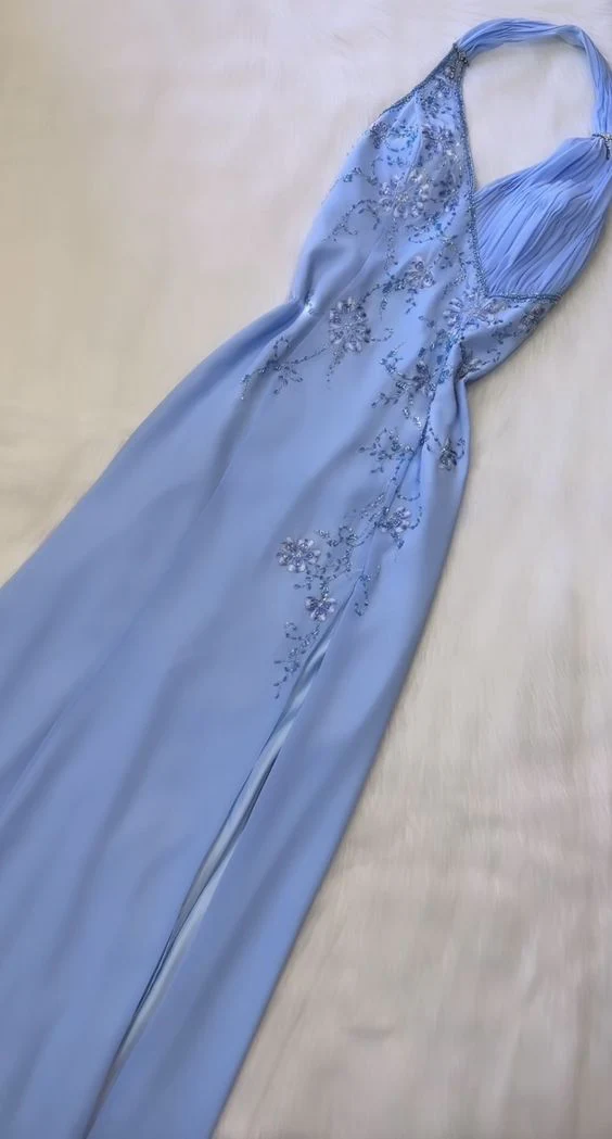 Fashion Halter Beaded Prom Dress Blue Formal Evening Gown Party Dress