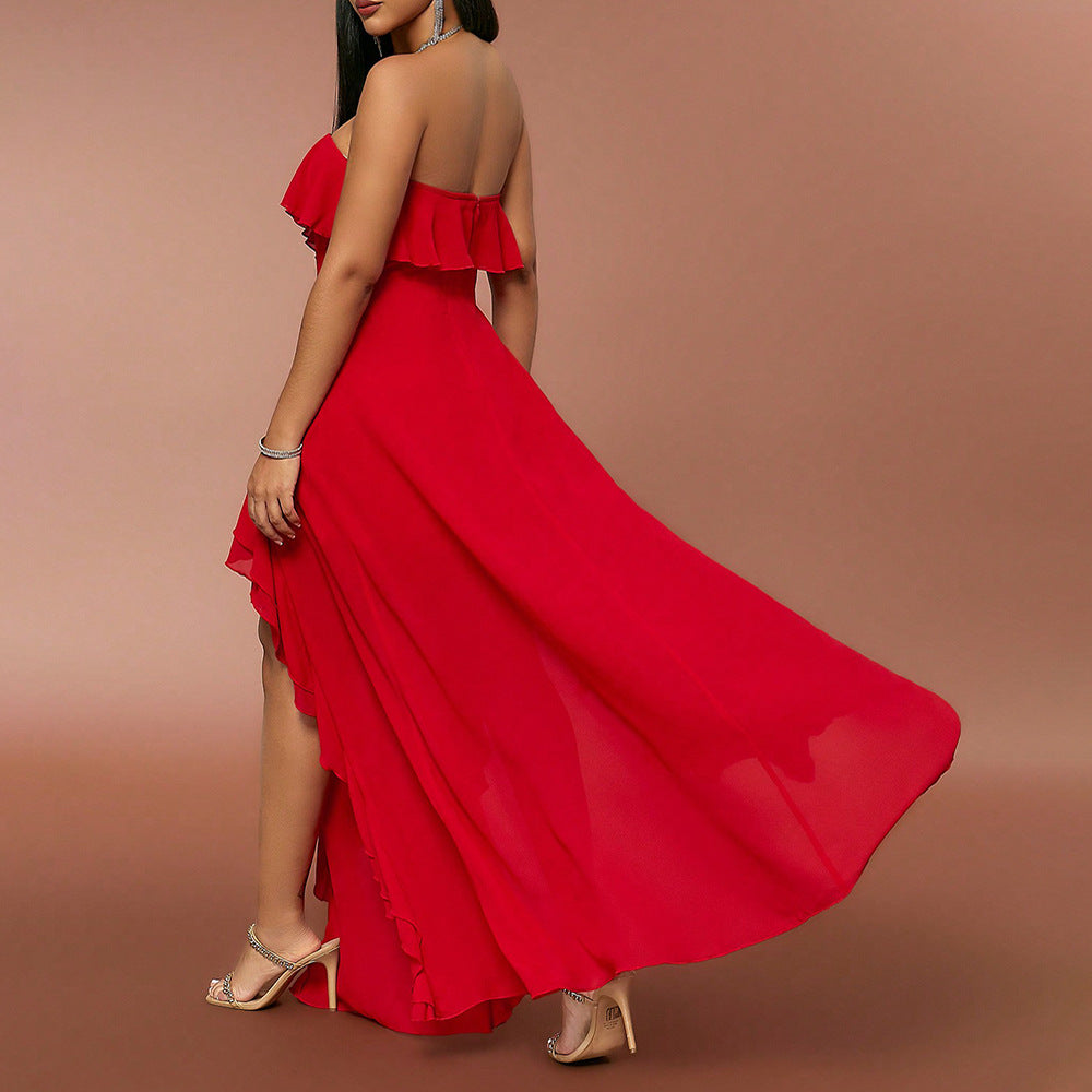 Spring Summer Women Clothing Fashionable Elegant Dress Tube Top V neck Flounce Backless Evening Dress - View 3 | VelvetHem