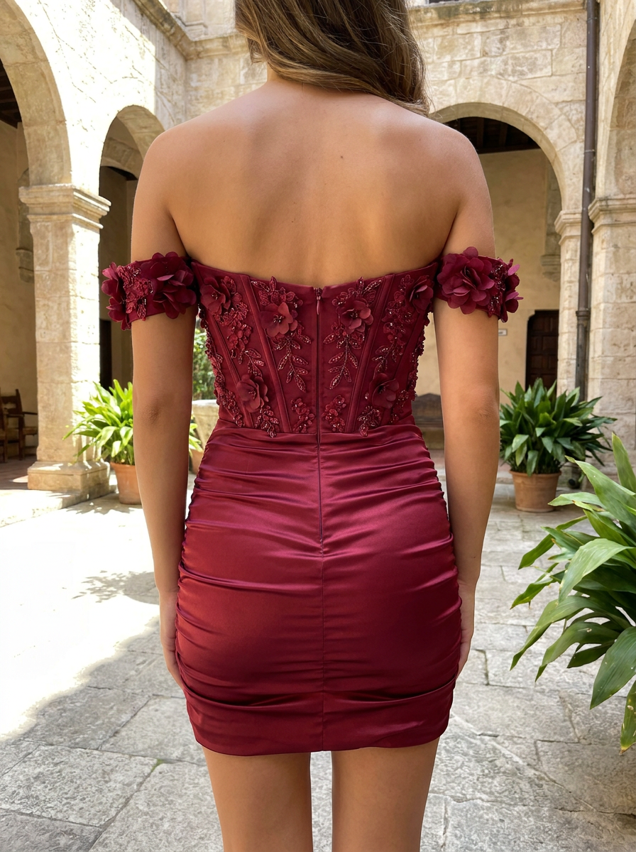 Off-the-Shoulder Corset Mini Dress with 3D Appliques Homecoming Dresses - View 2 | VelvetHem