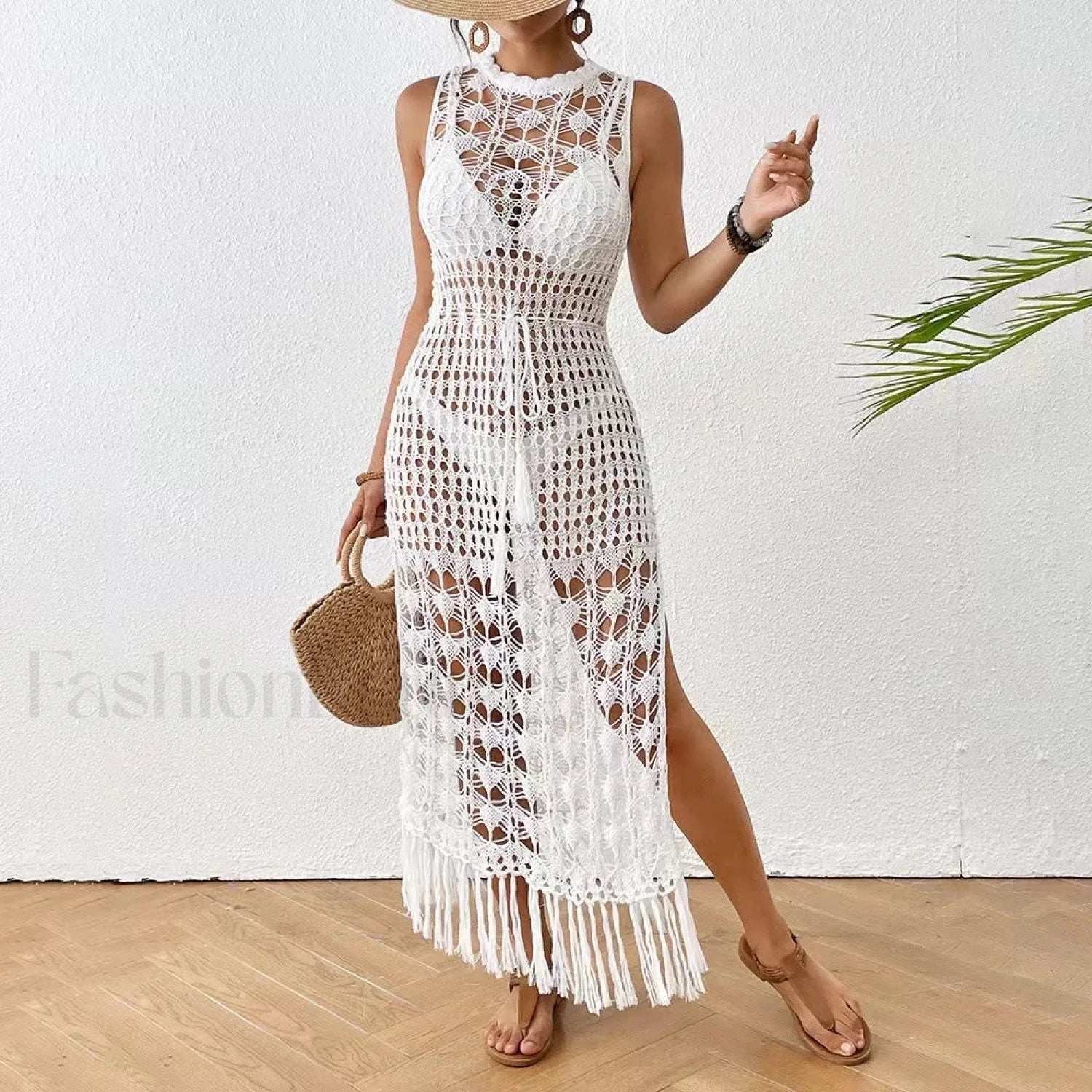 Backless Tassel Solid Dress Cover Up WHITE / One Size