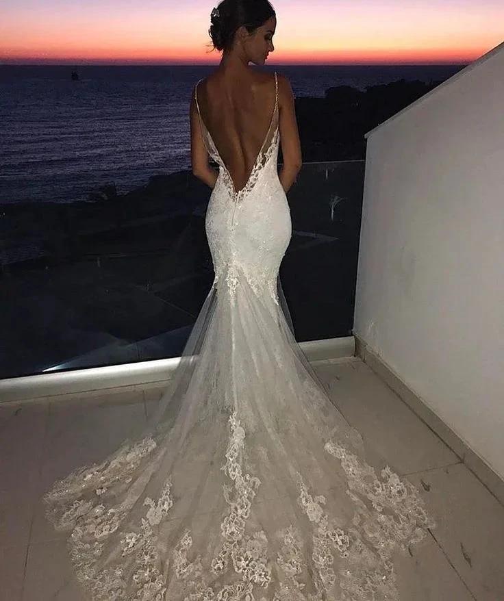 Backless Wedding Dress Lace Mermaid Beautiful Spaghetti-Straps Bride Dress (ZD13855)