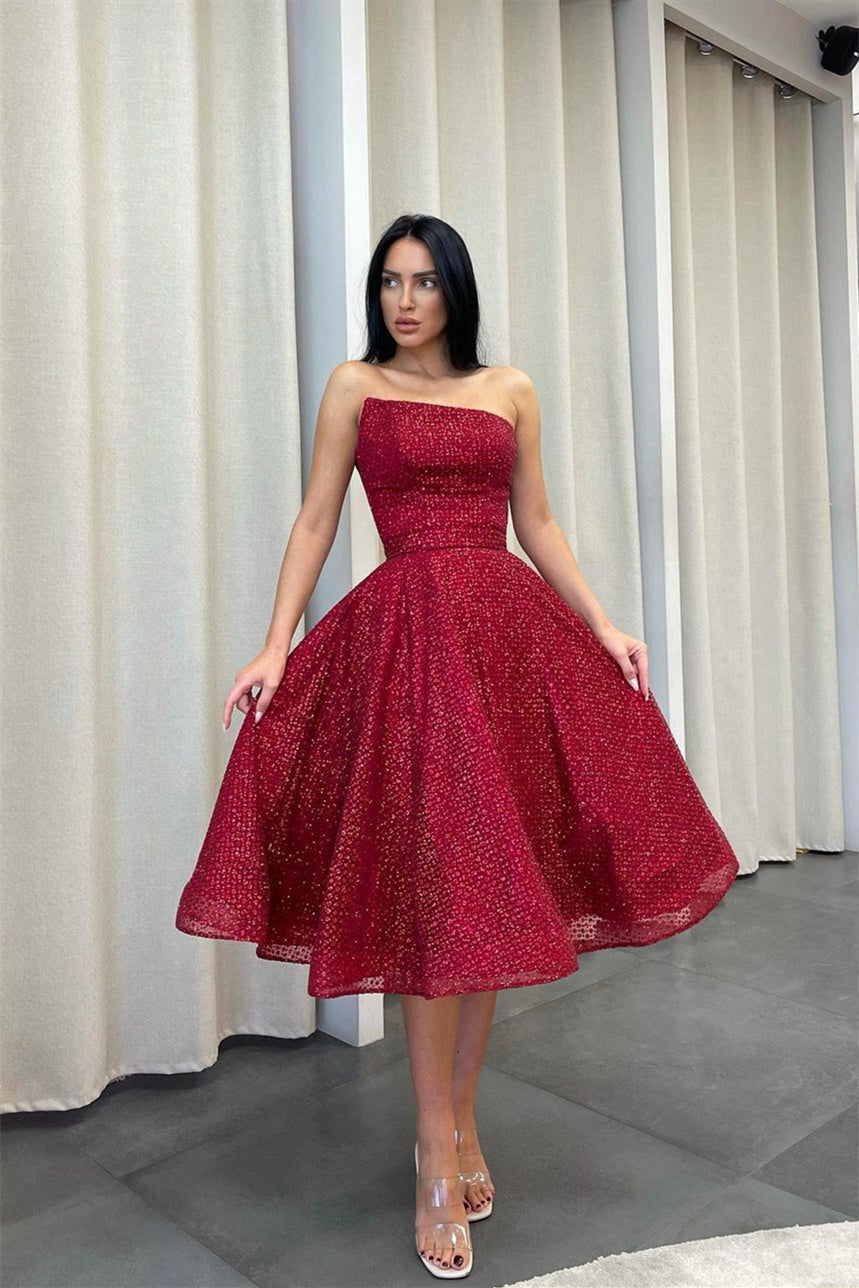 Ball Gown Asymmetrical Strapless Sequined Tea-Length Sleeveless Open Back Elegant Homecoming Dress