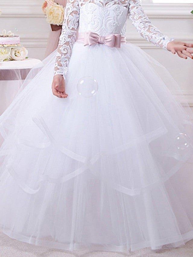 Ball Gown Cotton Long Sleeve Lace Tulle First Communion Flower Girl Dresses - View 3 | VelvetHem
