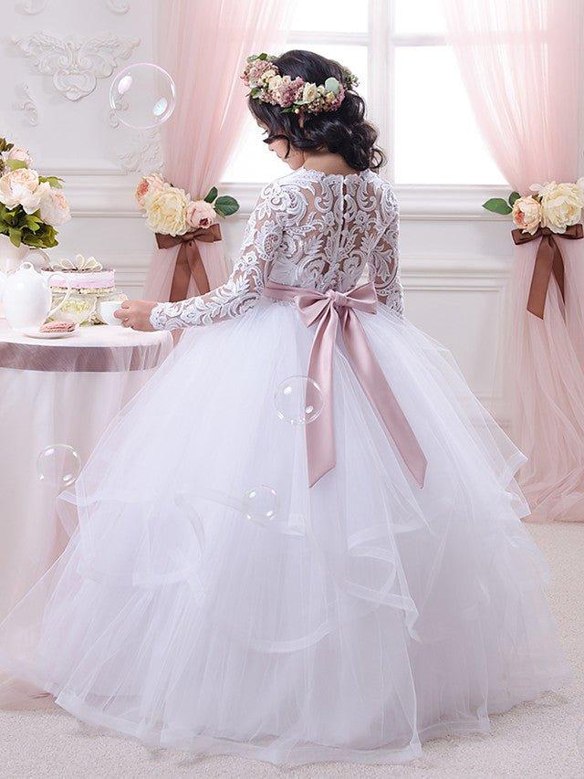 Ball Gown Cotton Long Sleeve Lace Tulle First Communion Flower Girl Dresses - View 2 | VelvetHem