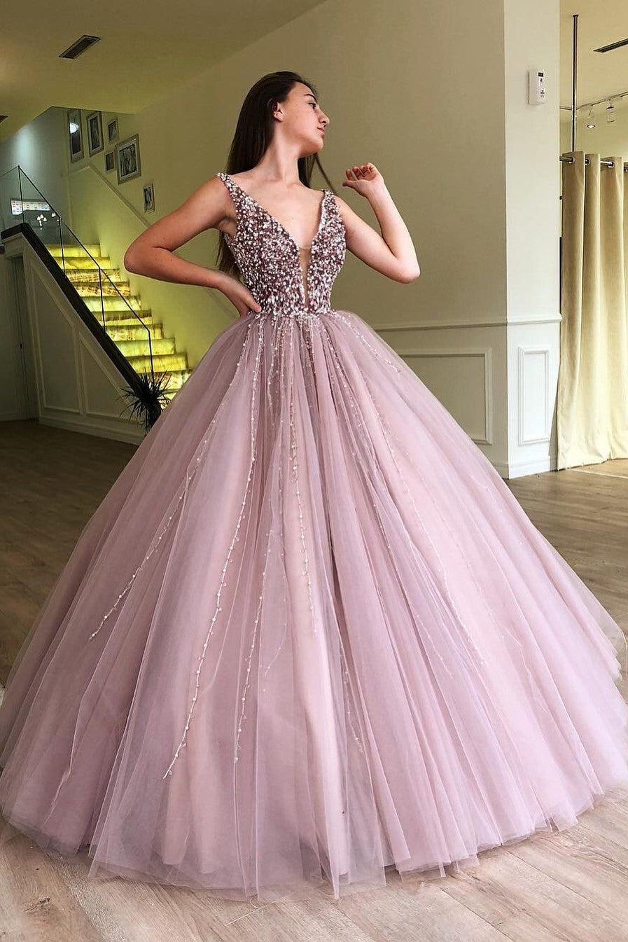 Ball Gown Deep V-Neck Wide Strap Floor-Length Tulle Beaded Prom Dress