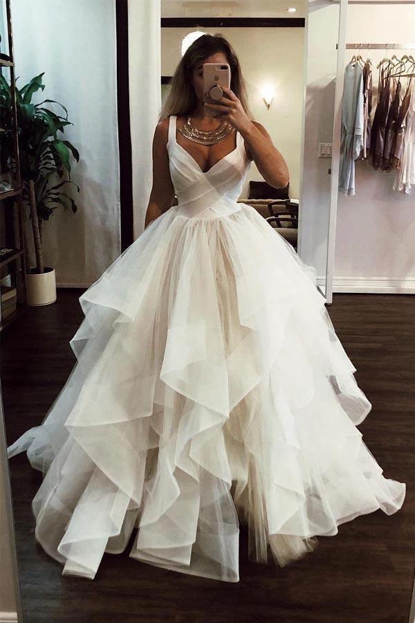 Ball Gown Elegant Floor Length Cascading Ruffles Tulle Wedding Dress (ZD15375)