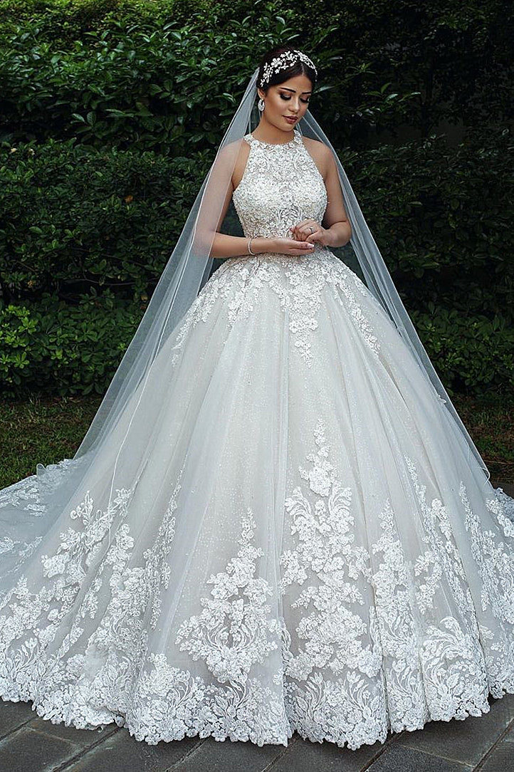 Ball Gown Halter Floor-Length Backless Tulle Lace Applique Wedding Dress