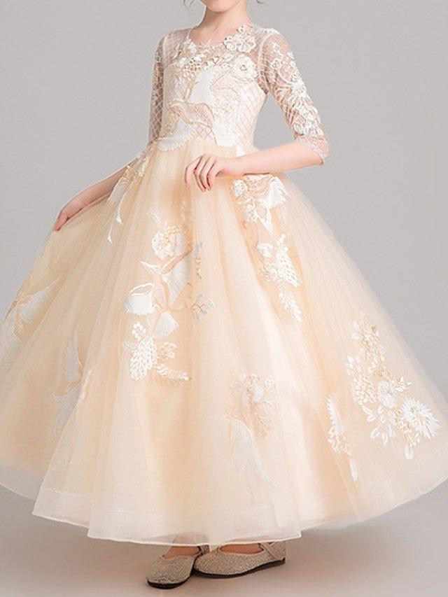 Ball Gown Jewel Neck Pageant Flower Girl Dresses With Sleeves - VelvetHem