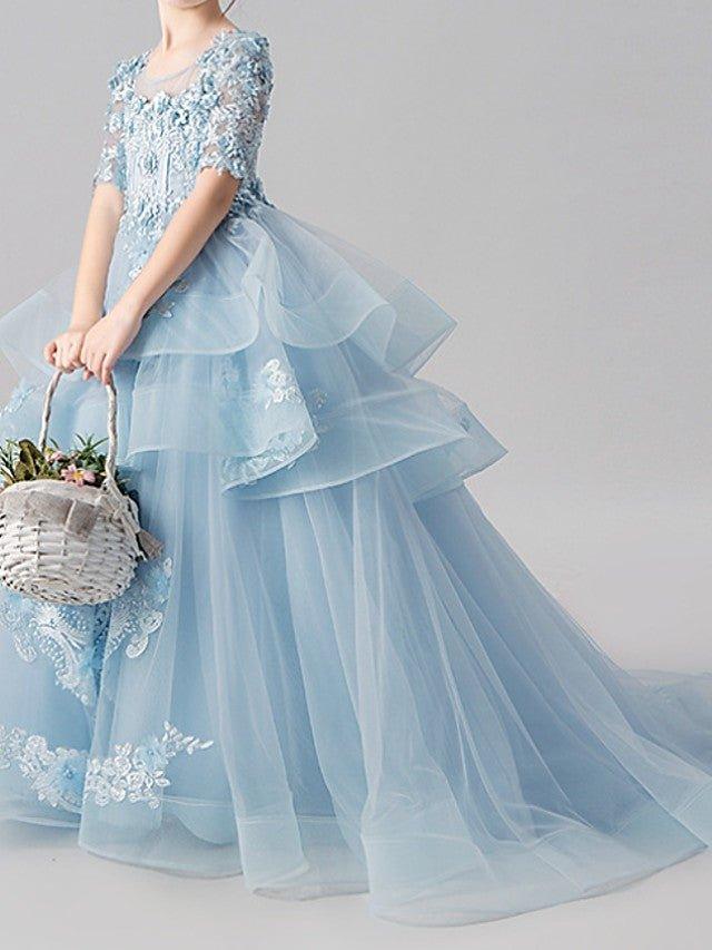 Ball Gown Jewel Neck Sweep Brush Train Pageant Flower Girl Dresses with Sleeves - View 3 | VelvetHem