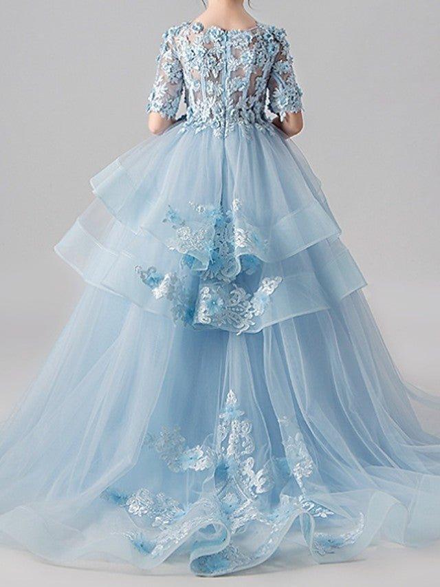 Ball Gown Jewel Neck Sweep Brush Train Pageant Flower Girl Dresses with Sleeves - View 4 | VelvetHem