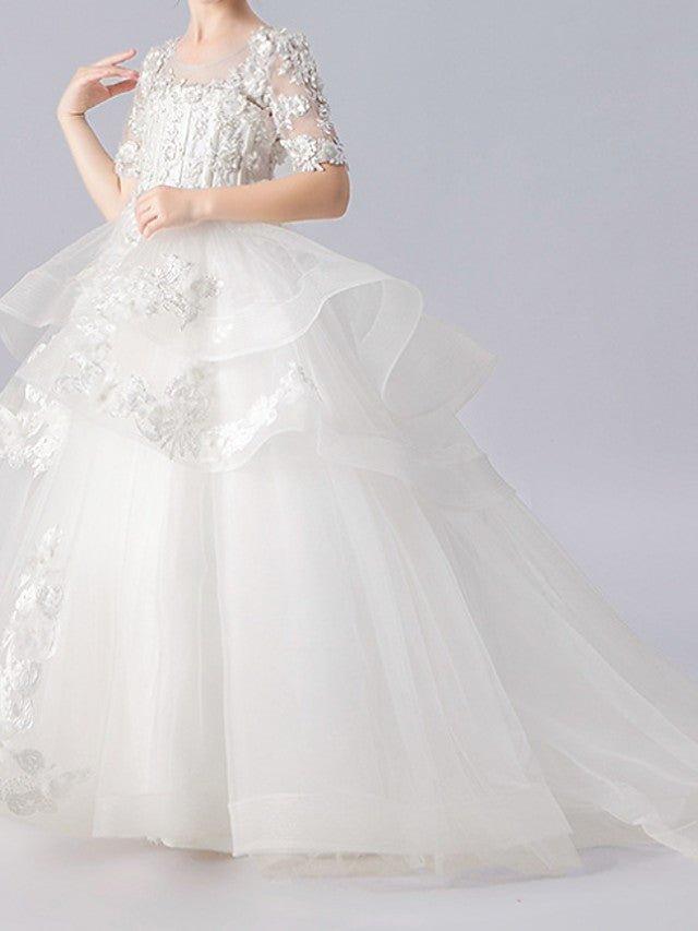 Ball Gown Jewel Neck Sweep Brush Train Pageant Flower Girl Dresses with Sleeves - View 6 | VelvetHem