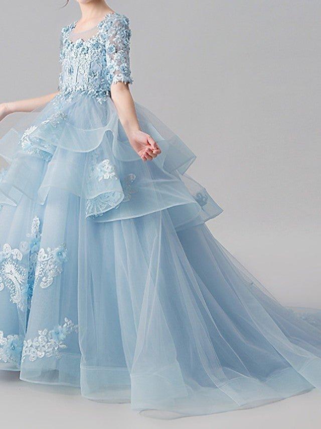 Ball Gown Jewel Neck Sweep Brush Train Pageant Flower Girl Dresses with Sleeves - View 2 | VelvetHem