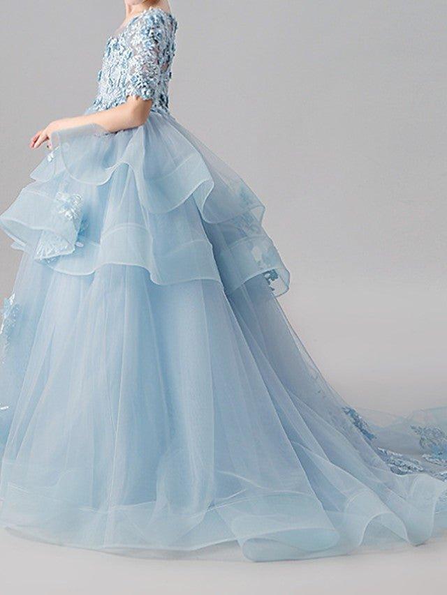 Ball Gown Jewel Neck Sweep Brush Train Pageant Flower Girl Dresses with Sleeves - View 5 | VelvetHem