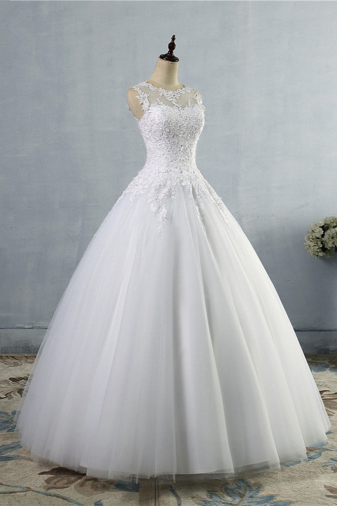 Ball Gown Jewel Tulle Lace Wedding Dress White Appliques Sleeveless Bridal Gowns On Sale (ZD17458) - View 3 | VelvetHem