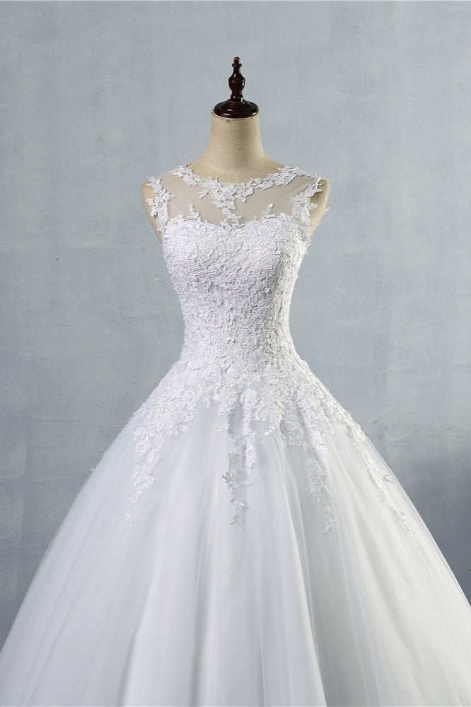 Ball Gown Jewel Tulle Lace Wedding Dress White Appliques Sleeveless Bridal Gowns On Sale (ZD17458) - View 4 | VelvetHem